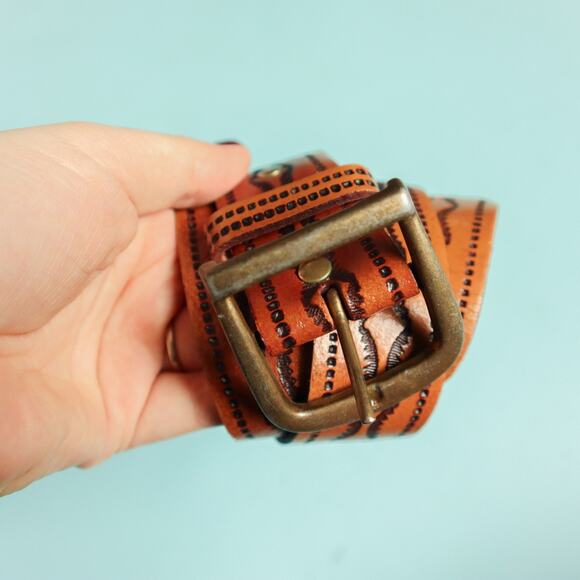 Brown Genuine Leather Western Handmade Embossed Decorative Belt One Size main image 2